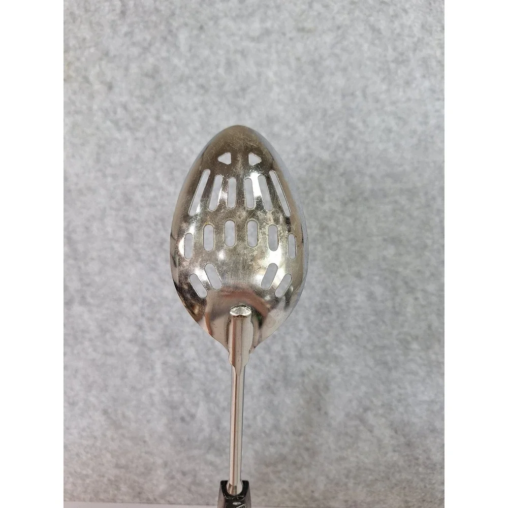 Vintage EKCO USA Slotted Spoon Stainless Steel Black Handle Kitchen Utensil 12in